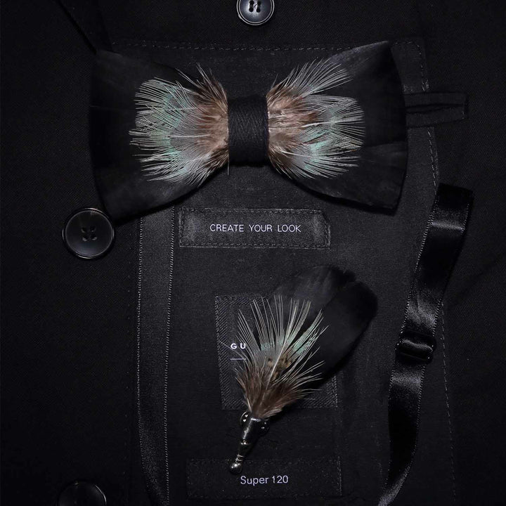 Papillon con piume di montagna nere e verdi con spilla da bavero - Nero e verde - image 0