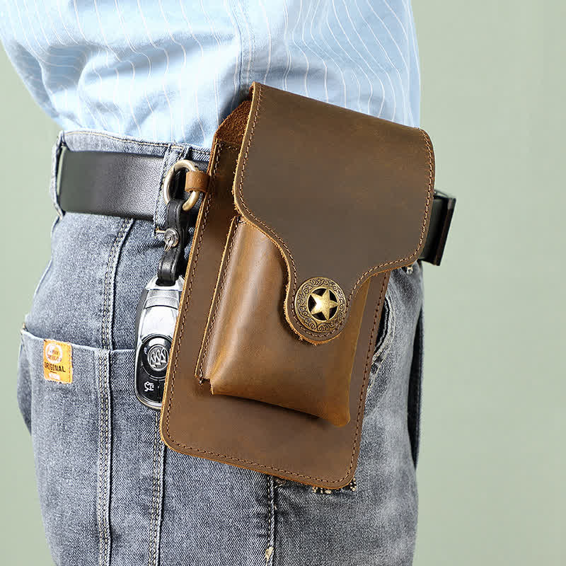 Borsa da cintura per telefono con fibbia magnetica a stella in pelle per esterni - Marrone - image 8