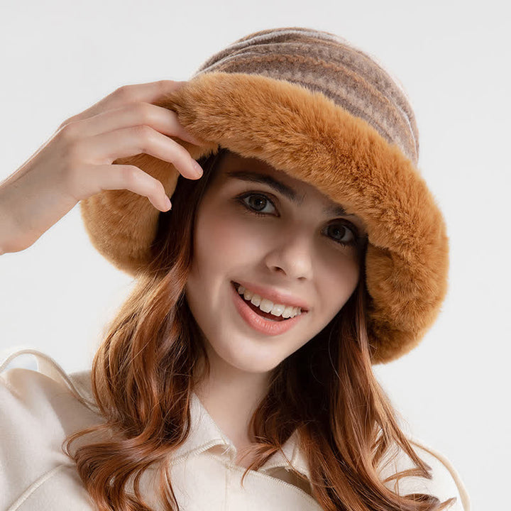 Cappello da pescatore a righe con tesa calda in peluche da donna - image 2