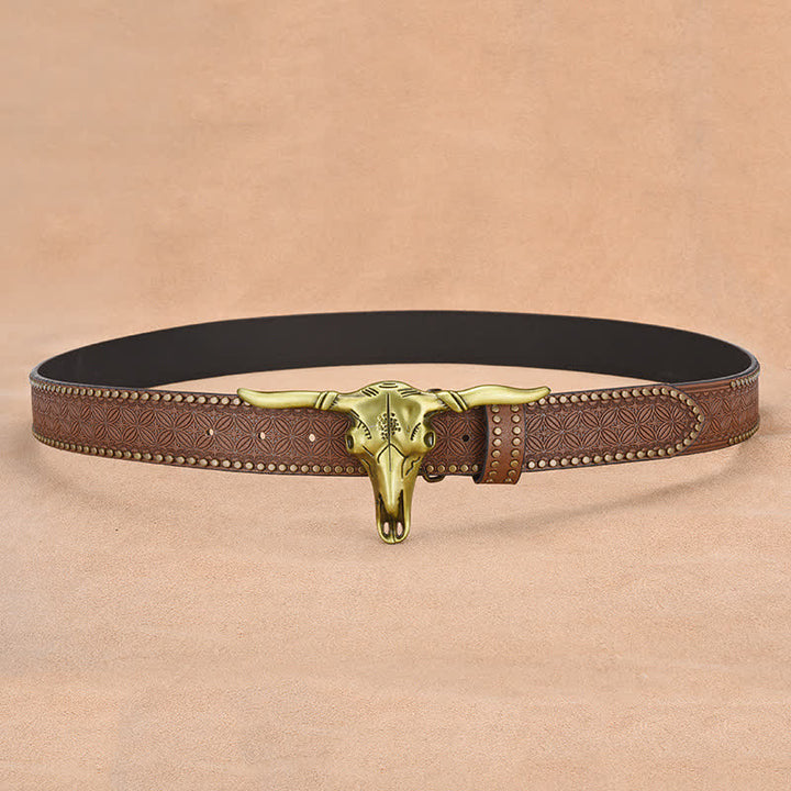 Cintura da uomo in pelle goffrata con rivetto a testa di bovino western - image 4