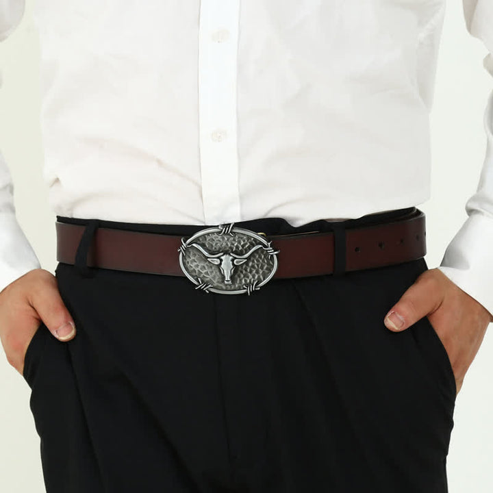 Cintura in pelle con fibbia martellata a forma di testa di toro da cowboy fai da te da uomo - image 2