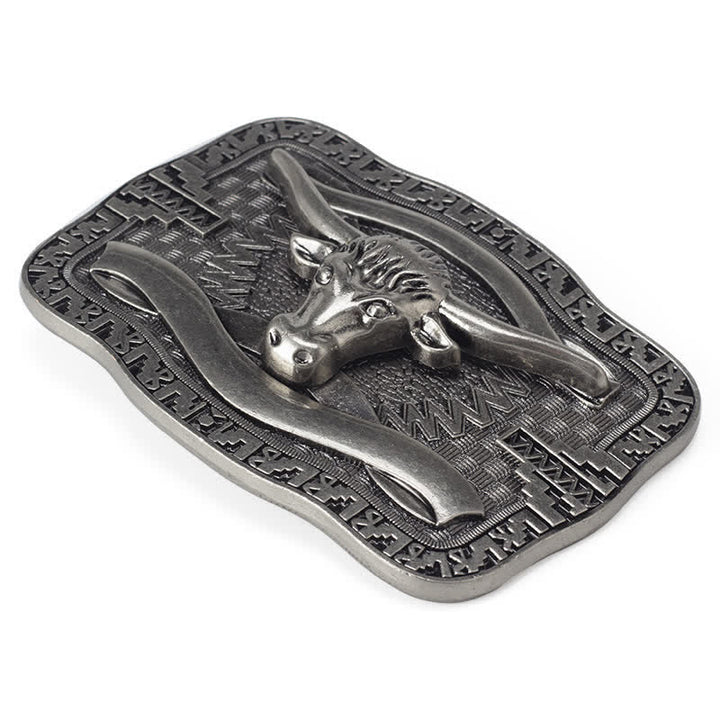 Cintura in pelle fai da te da uomo con fibbia a forma di toro Longhorn quadrato in argento - image 3