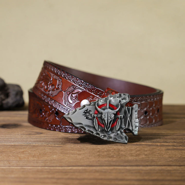 Cintura in pelle con fibbia a forma di toro a forma di punta di freccia fai da te da uomo - Argento antico - Cintura marrone intagliata (40) - image 17