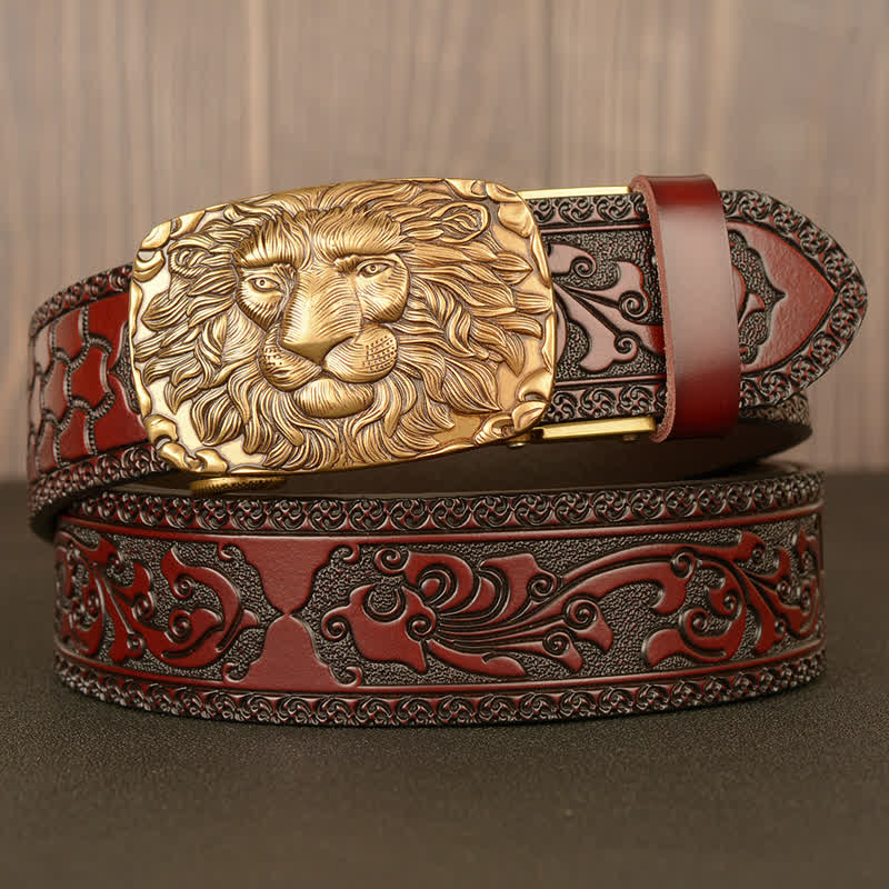 Cintura in pelle da uomo con testa di leone - Oro e marrone - 46 - image 0