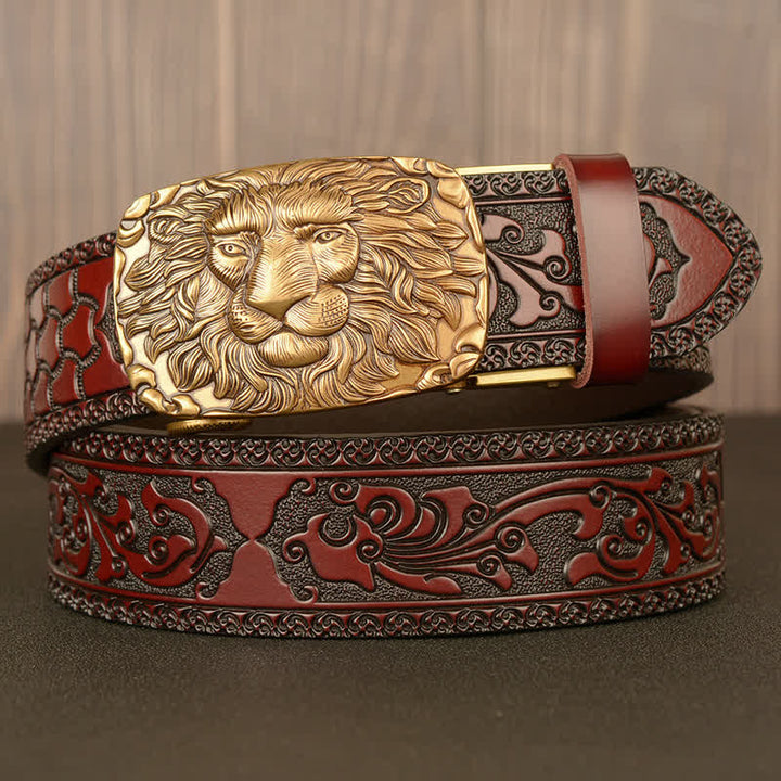 Cintura in pelle da uomo con testa di leone - Oro e marrone - 46 - image 0