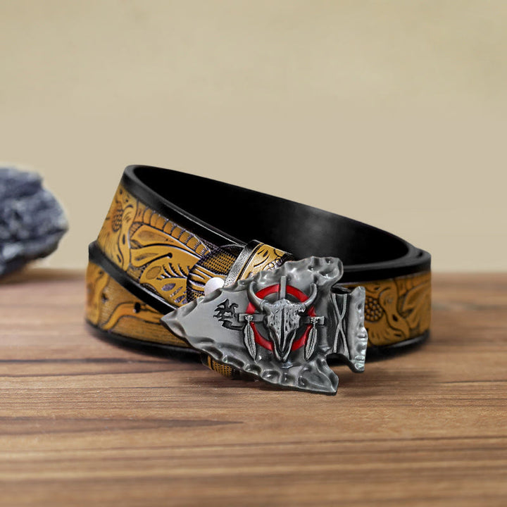Cintura in pelle con fibbia a forma di toro a forma di punta di freccia fai da te da uomo - Argento antico - Cintura marrone sabbia (40) - image 20