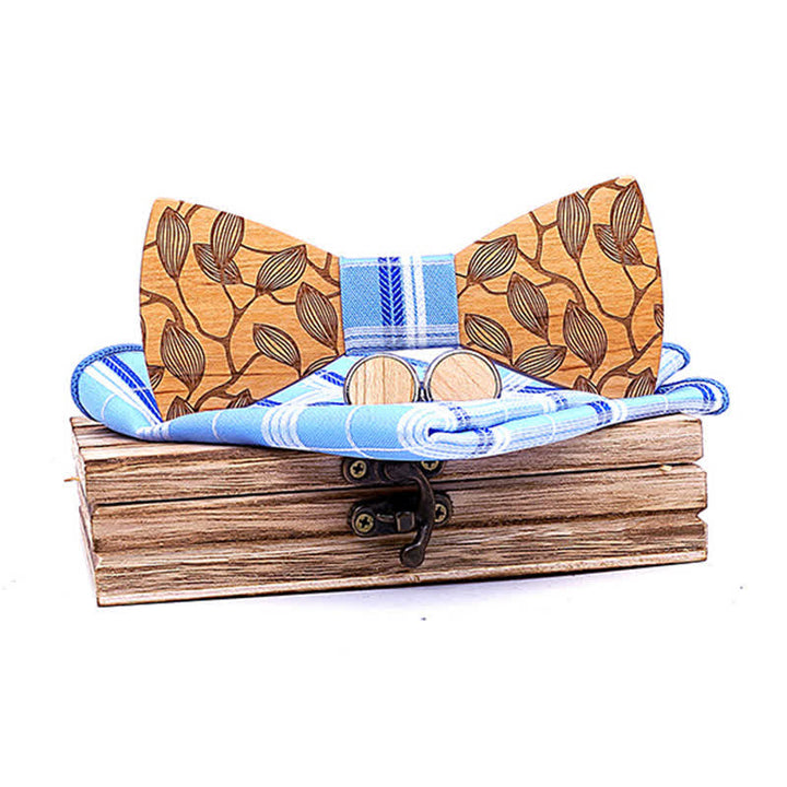 Set di 3 papillon in legno con motivo a foglia da uomo - Plaid azzurro cielo - image 0