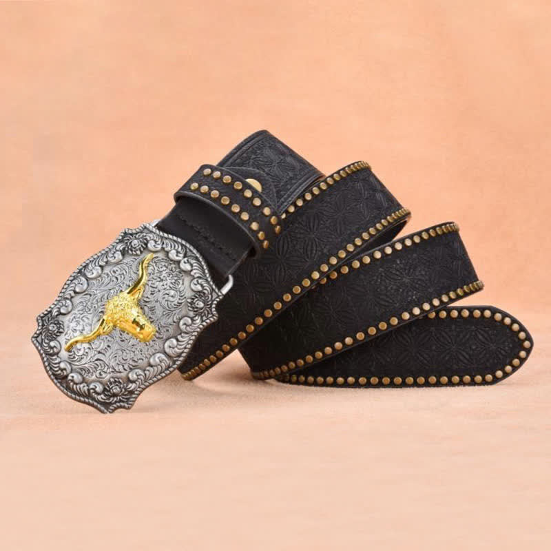 Cintura da uomo in pelle di toro con rivetti punk e corna lunghe dorate - image 8