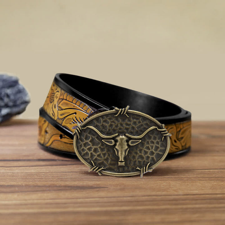 Cintura in pelle con fibbia martellata a forma di testa di toro da cowboy fai da te da uomo - Bronzo antico - Cintura marrone sabbia (40) - image 22