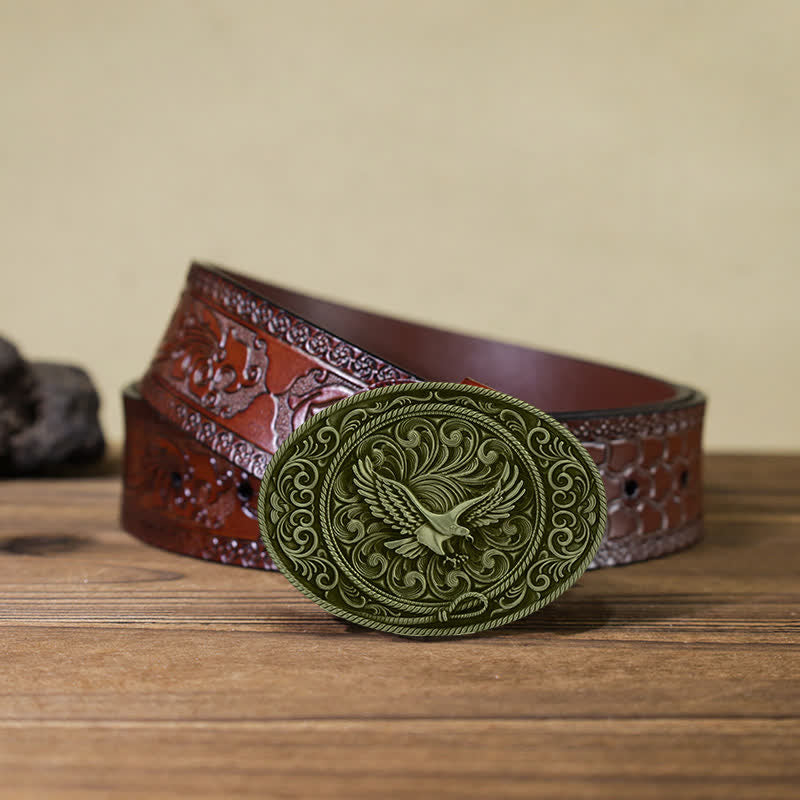 Cintura in pelle con fibbia floreale incisa con aquila volante fai da te da uomo - Bronzo antico - Cintura marrone intagliata (40) - image 17
