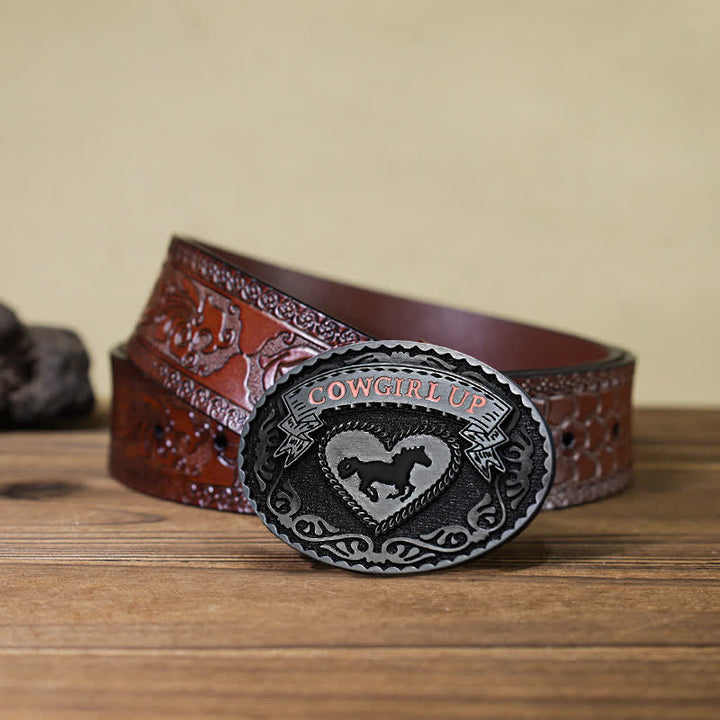 Cintura in pelle con fibbia Cowgirl Up in argento fai da te da donna - Cowgirl in posizione supina - Cintura marrone intagliata (40) - image 11