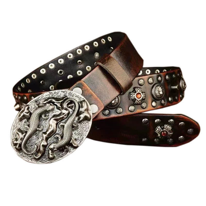 Cintura in pelle con ornamento leone rubino borchiato da uomo - Marrone-giallognolo - 44 - image 8