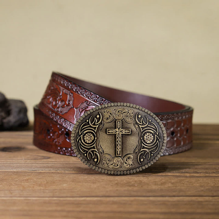 Cintura in pelle con fibbia floreale a croce fai da te da uomo - Bronzo antico - Cintura marrone intagliata (40) - image 18