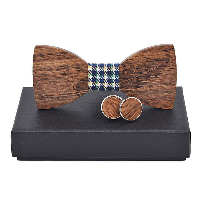 Set di 2 papillon in legno con incisione di piume da uomo - Plaid blu navy - image 7