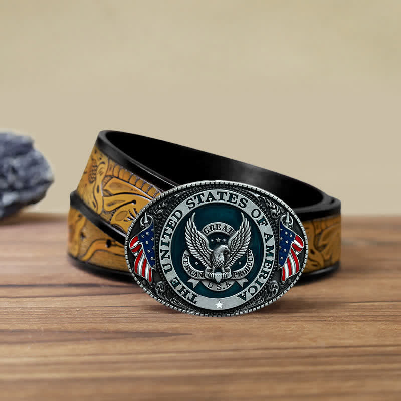Cintura in pelle con fibbia a forma di bandiera patriottica con aquila fai da te da uomo - Aquila - Cintura marrone sabbia (40) - image 13