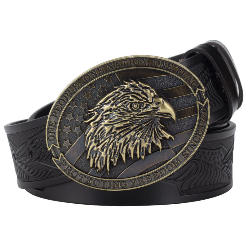 Cintura in pelle con fibbia della bandiera americana con testa d'aquila calva da uomo - Nero / Bronzo - 46 - image 10