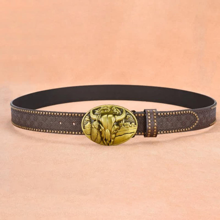 Cintura in pelle con fibbia a testa di toro e rivetto decorativo da uomo - image 3