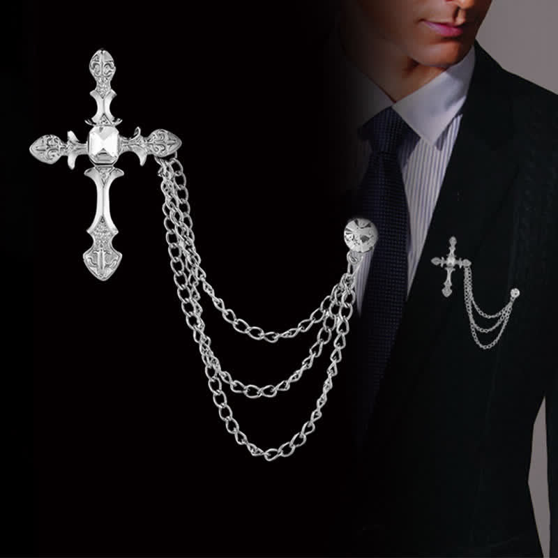 Spilla a catena con cristalli a croce classica da uomo - Argento e bianco - image 5