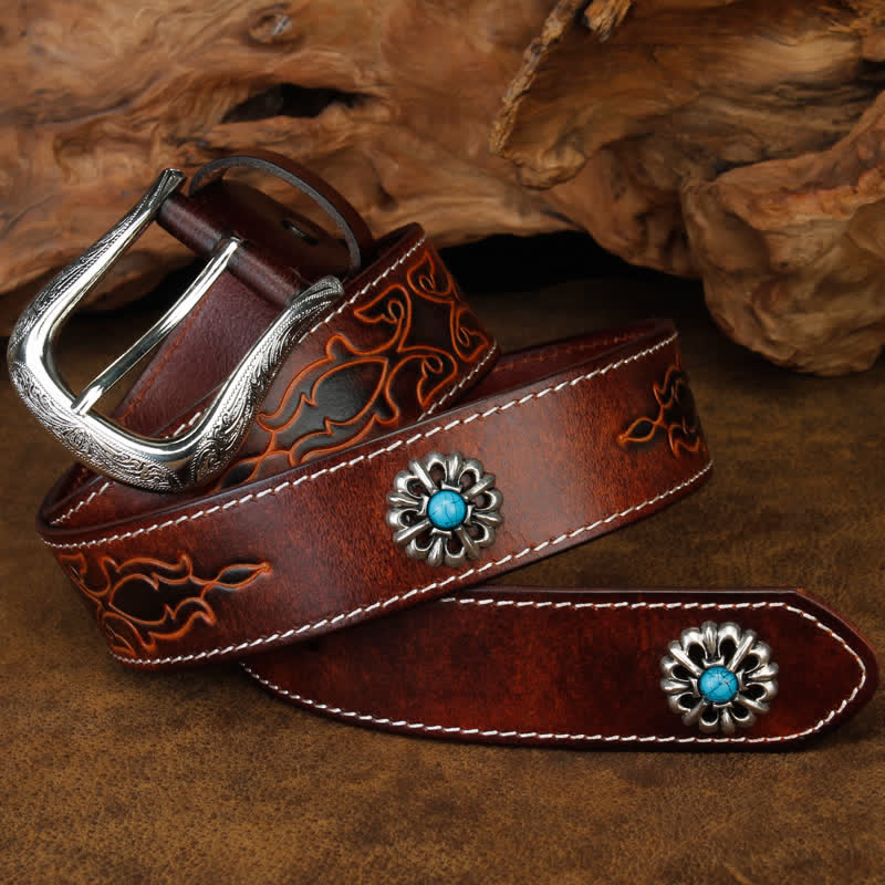 Cintura unisex retrò in pelle con fiori turchesi marroni - image 1
