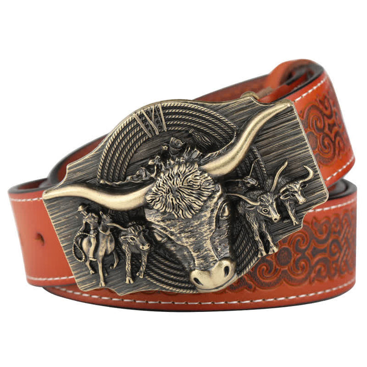 Cintura in pelle goffrata Longhorn Bull da uomo - Arancione / Bronzo - 46 - image 13