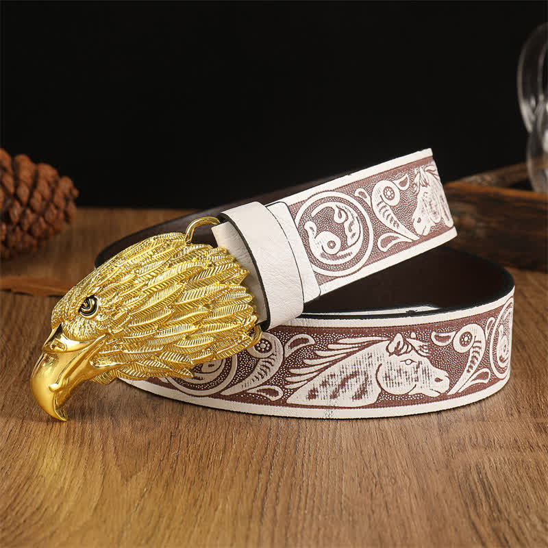 Cintura da uomo in pelle western con testa d'aquila e avvoltoio realistico - Bianco / Oro - 42 - image 13