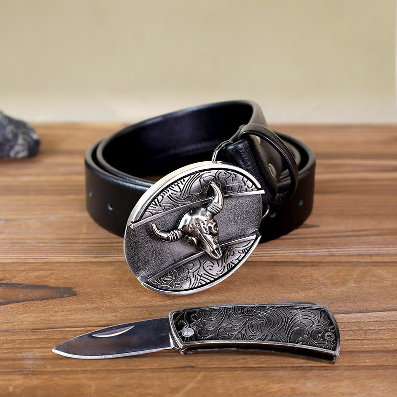 Cintura da uomo in pelle con testa di toro e coltello pieghevole - image 8