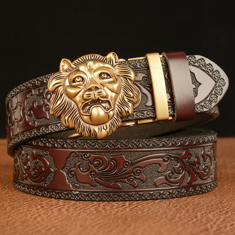 Cintura in pelle con testa di leone con scultura 3D da uomo - Oro e marrone - 46 - image 0