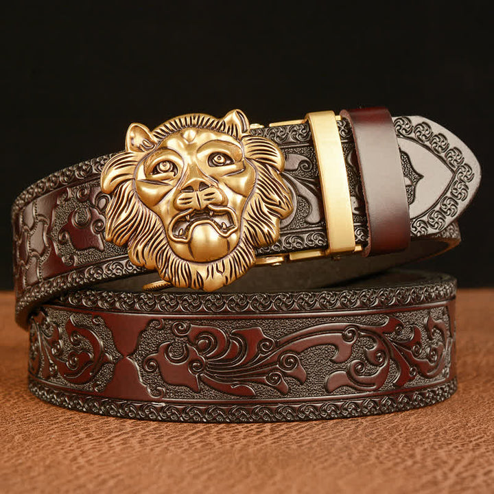 Cintura in pelle con testa di leone con scultura 3D da uomo - Oro e marrone - 46 - image 0