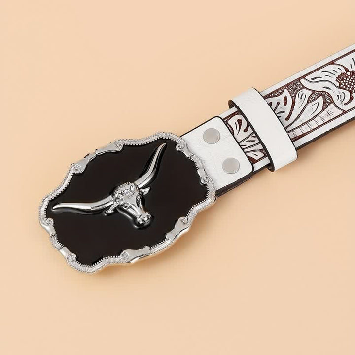 Cintura da uomo in pelle con testa di toro Longhorn Western nera - image 2