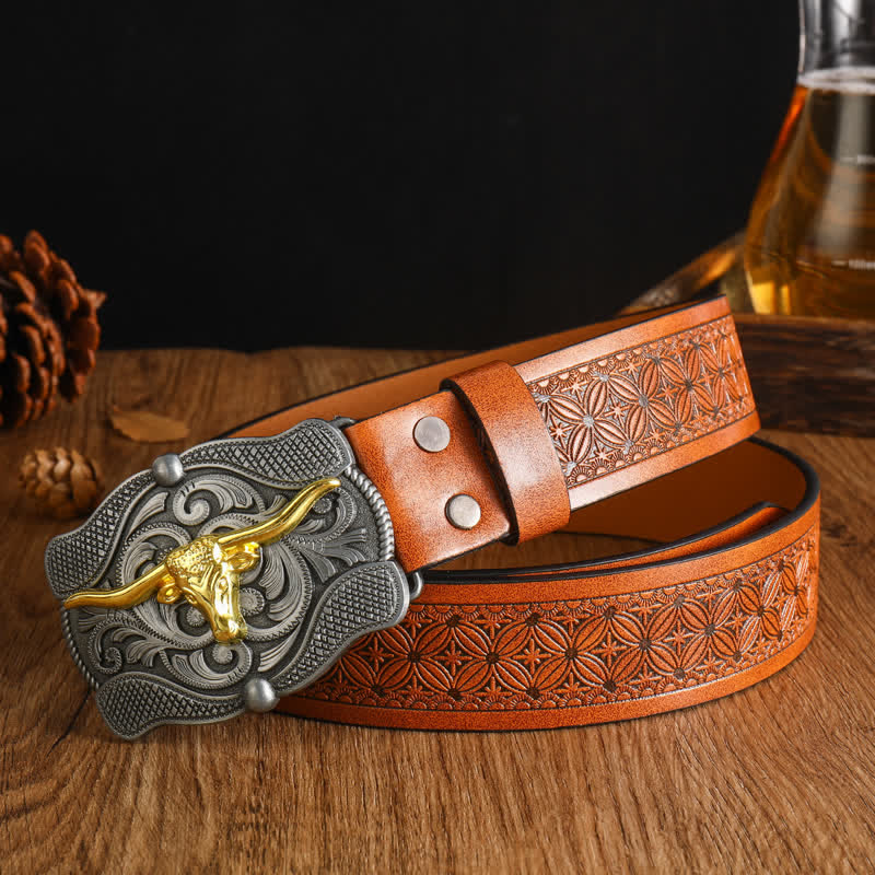 Cintura da uomo in pelle di toro Longhorn dorata quadrata - Stile n. 7 - 48" - image 13