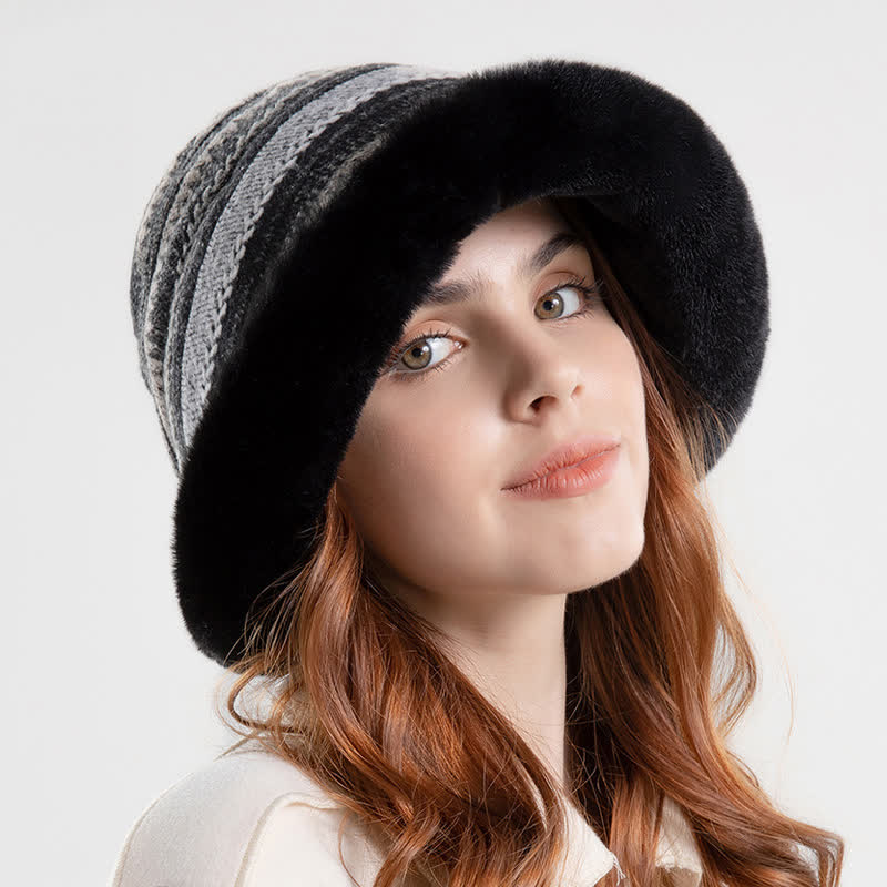 Cappello da pescatore a righe con tesa calda in peluche da donna - image 5