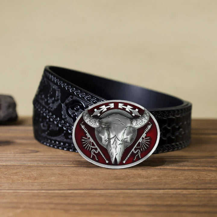 Cintura in pelle con fibbia a forma di teschio di toro a tema indiano fai da te da uomo - Rosso scuro - Cintura nera intagliata (40) - image 10