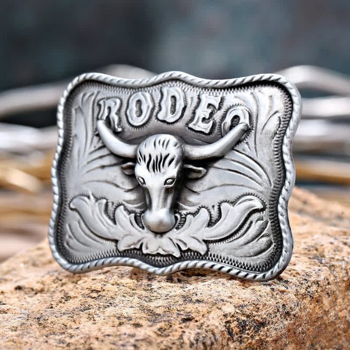 Cintura in pelle fai da te da uomo con fibbia da rodeo Longhorn Bull in argento - Toro dalle lunghe corna - Senza cintura - image 0