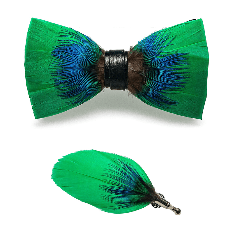 Papillon con piume blu e verde con spilla da bavero - image 3