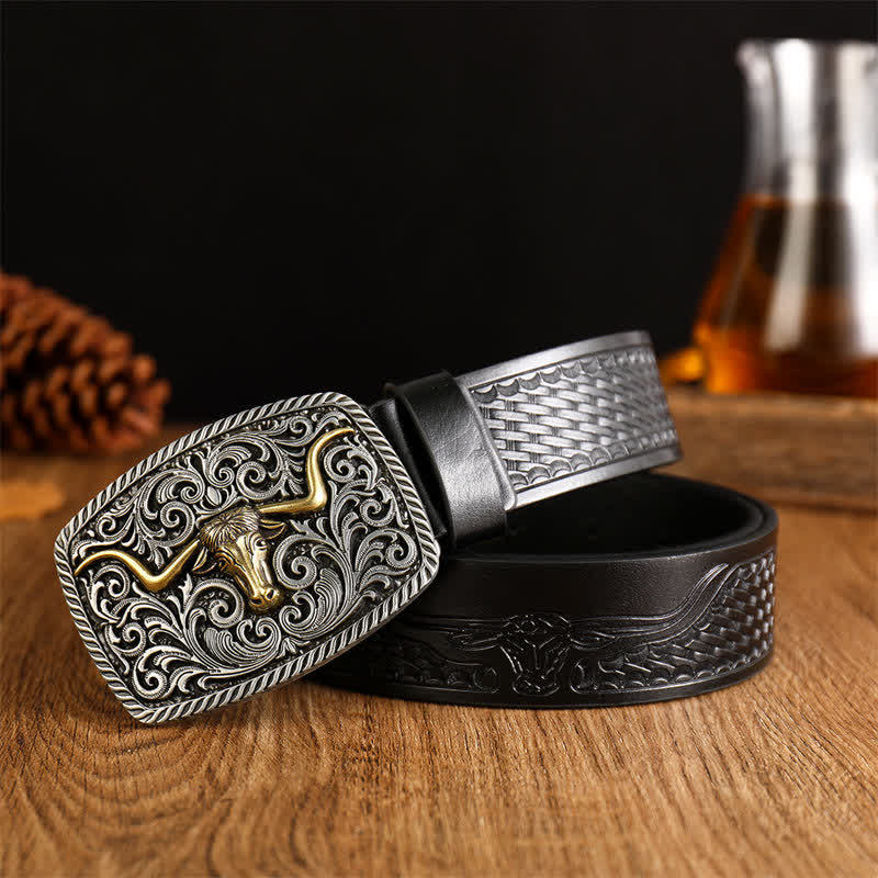 Cintura da uomo in pelle con fibbia a forma di toro quadrato a forma di fiore - Nero / Argento - 38 - image 0