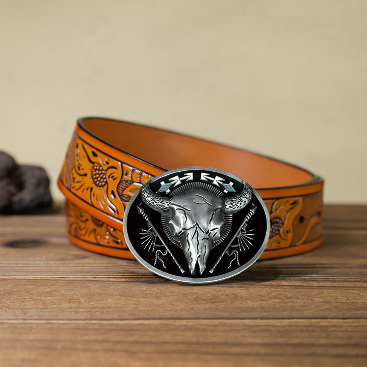 Cintura in pelle con fibbia a forma di teschio di toro a tema indiano fai da te da uomo - Nero - Cintura intagliata arancione (40) - image 17