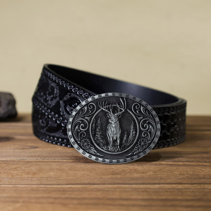Cintura in pelle con fibbia della bandiera americana da cacciatore di cervi fai da te da uomo - Cervo d'argento - Cintura nera intagliata (40) - image 28