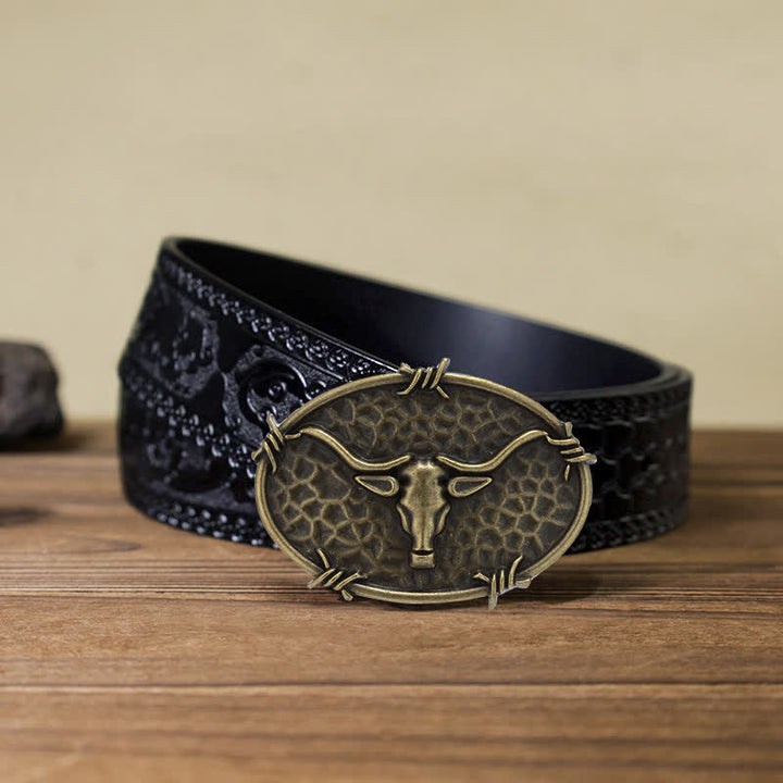 Cintura in pelle con fibbia martellata a forma di testa di toro da cowboy fai da te da uomo - Bronzo antico - Cintura nera intagliata (40) - image 16
