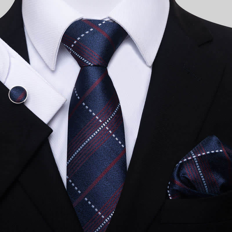Set di 3 cravatte a quadri blu navy e rosso da uomo - Blu navy e rosso intenso - image 0