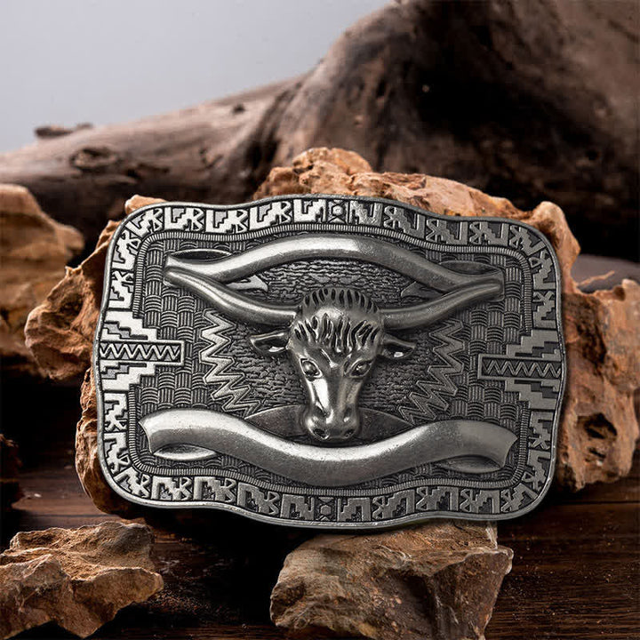 Cintura in pelle fai da te da uomo con fibbia a forma di toro Longhorn quadrato in argento - Testa di toro - Senza cintura - image 0
