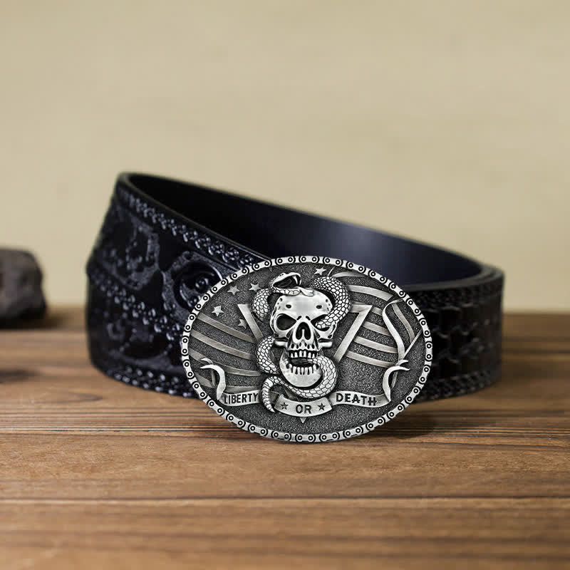 Cintura in pelle fai da te da uomo con fibbia a forma di teschio di serpente "Liberty or Death" - Argento antico - Cintura nera intagliata (40) - image 15