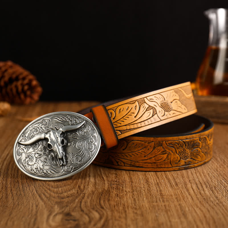 Cintura da uomo in pelle di toro Longhorn floreale vintage - Marrone-giallastro / Argento - 42 - image 0