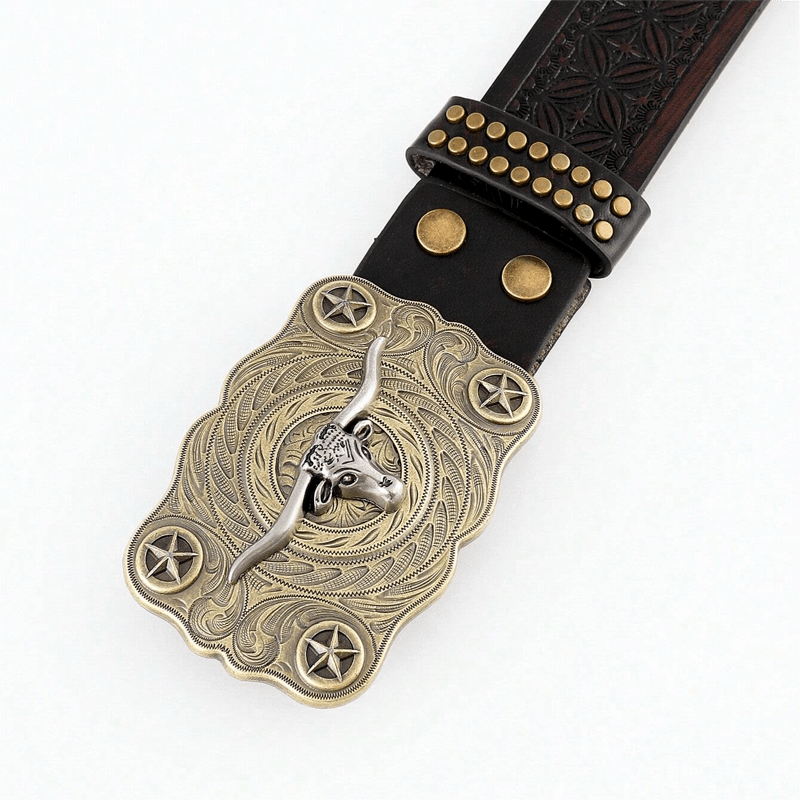 Cintura in pelle con decorazioni borchiate a forma di testa di toro Longhorn da uomo - image 1