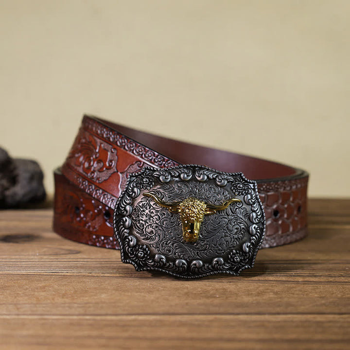 Cintura in pelle fai da te con fibbia in argento anticato Longhorn Bull da uomo - Oro - Cintura marrone intagliata (40) - image 15