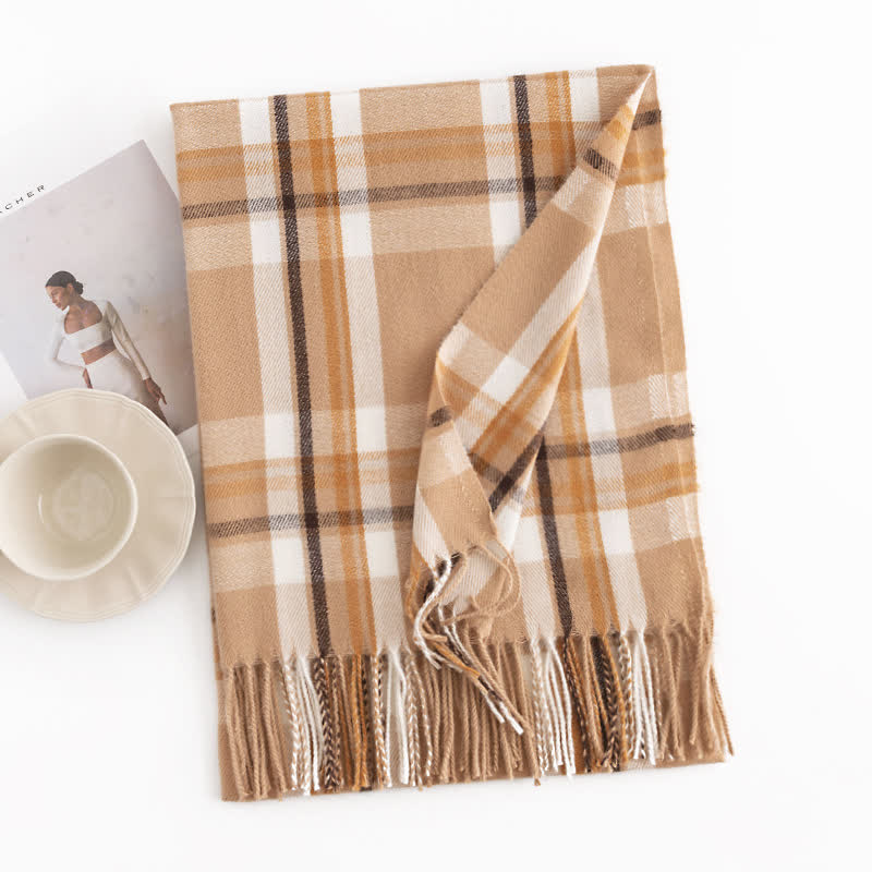 Sciarpa con frange a quadri britannici versatile da donna - Marrone-giallastro - image 11