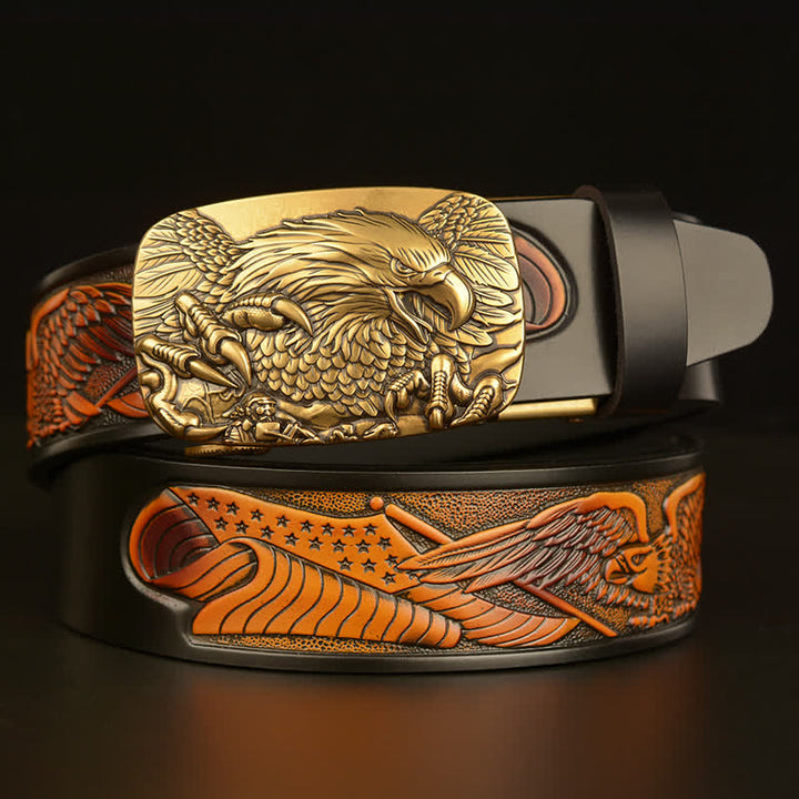 Cintura in pelle con fibbia automatica Eagle Wings Vintage da uomo - Nero / Oro - 46 - image 14