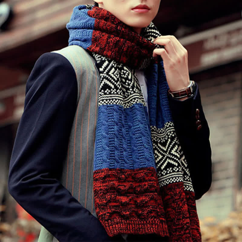 Sciarpa a blocchi di colore con cuciture a maglia Argyle da uomo - Blu - image 12