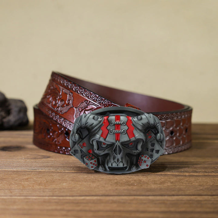 Cintura in pelle con fibbia Joker Clown Skull fai da te da uomo - Argento antico - Cintura marrone intagliata (40) - image 21