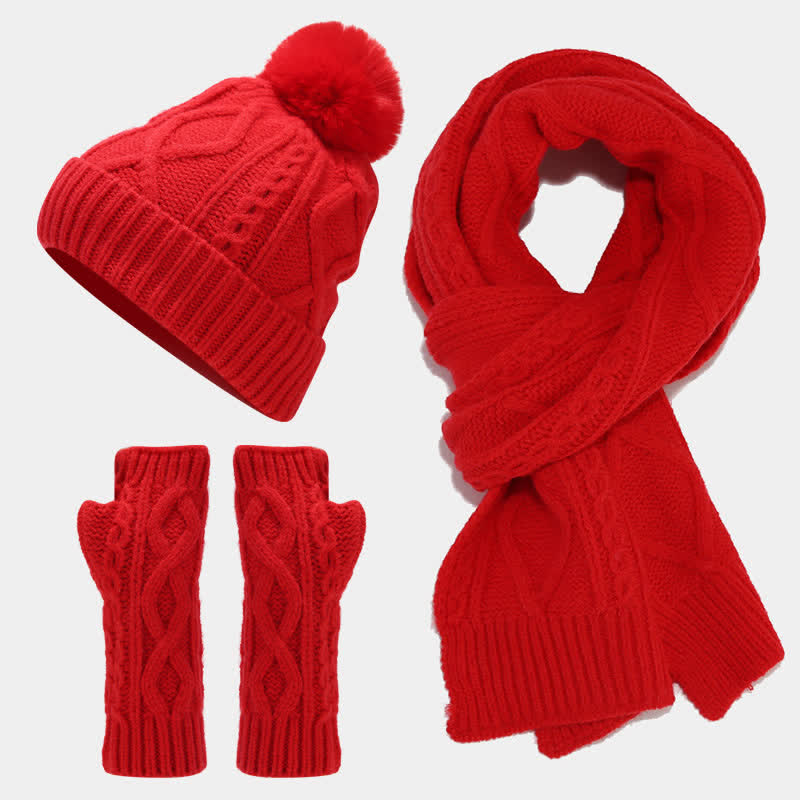 Set di 3 guanti senza dita con sciarpa e cappello lavorati a maglia da donna - Rosso - Regolabile (22"-22 7/8") - image 16