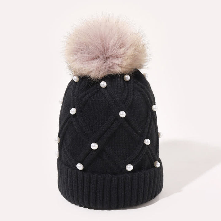 Cappello lavorato a maglia elasticizzato con pompon e perle carine da donna - image 9